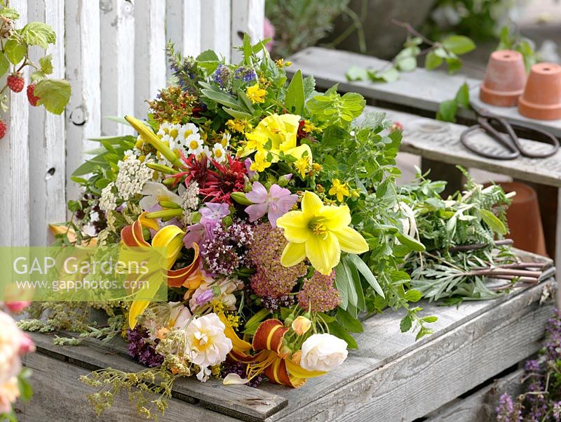 Bouquet of herbs and edible flowers