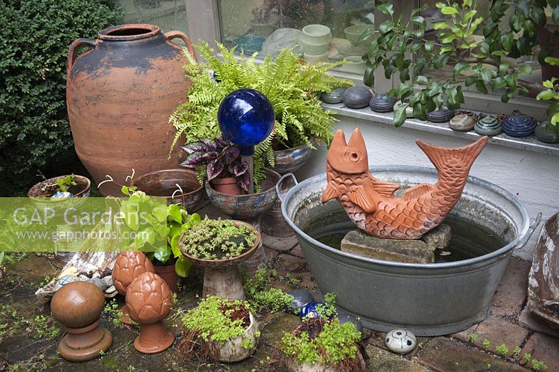 Terracotta - fish as a water feature in zinc tub