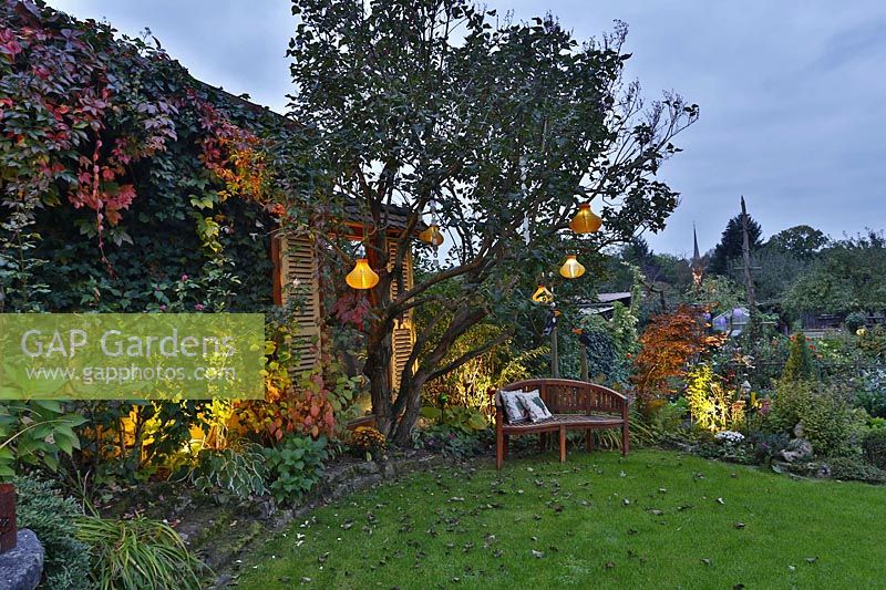 Cottage garden with lighting throughout illuminated at dusk