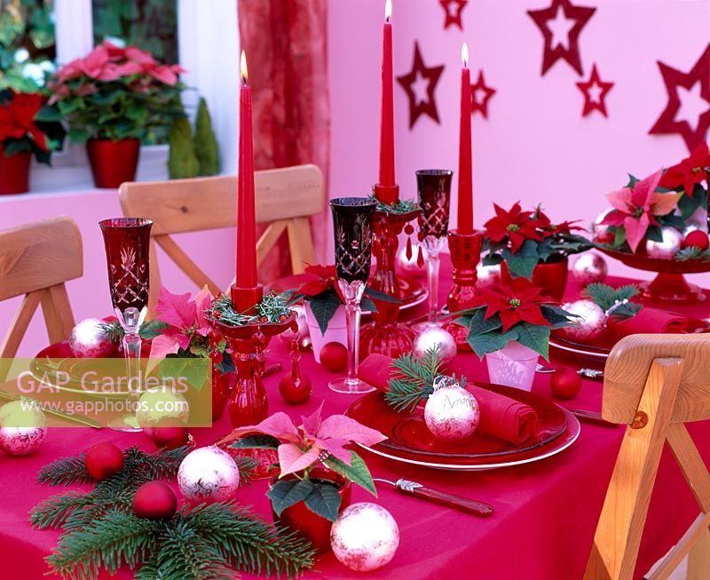 Festive table decorations with poinsettias and balls