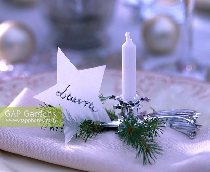 Candlestick with Picea - Spruce branch when Napkin, star with name