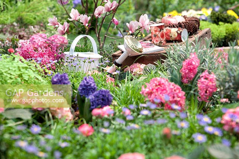 Composition in the garden with hydreangea and hyacinth