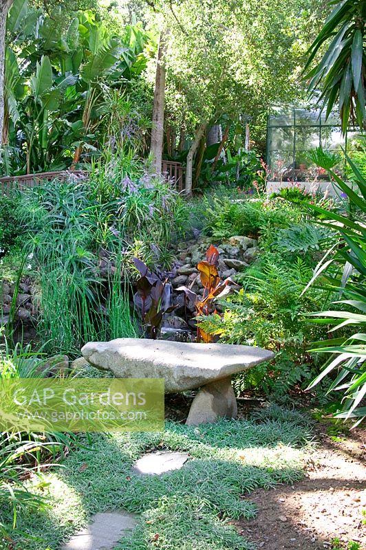 Tropical garden with stone bench, waterfall and green house