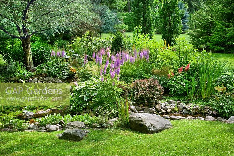 Gardenscene with perennial border and little stream with rocks