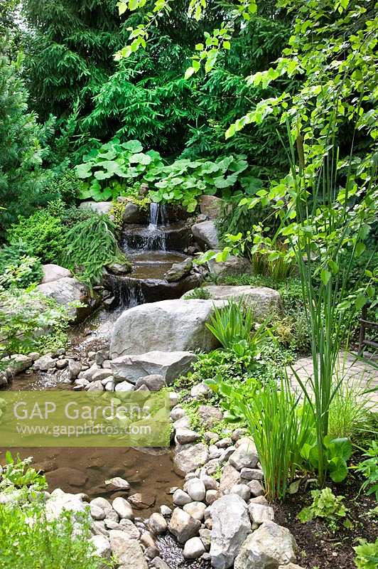 Gardenscene with waterfall, coniferes, shrubs and perennials