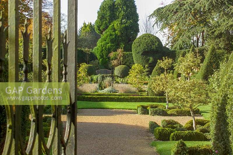 The Abbey House, Malmesbury, Wiltshire, UK ( Pollard ). Autumn in large garden with clipped Yew hedging and topiary, gateway