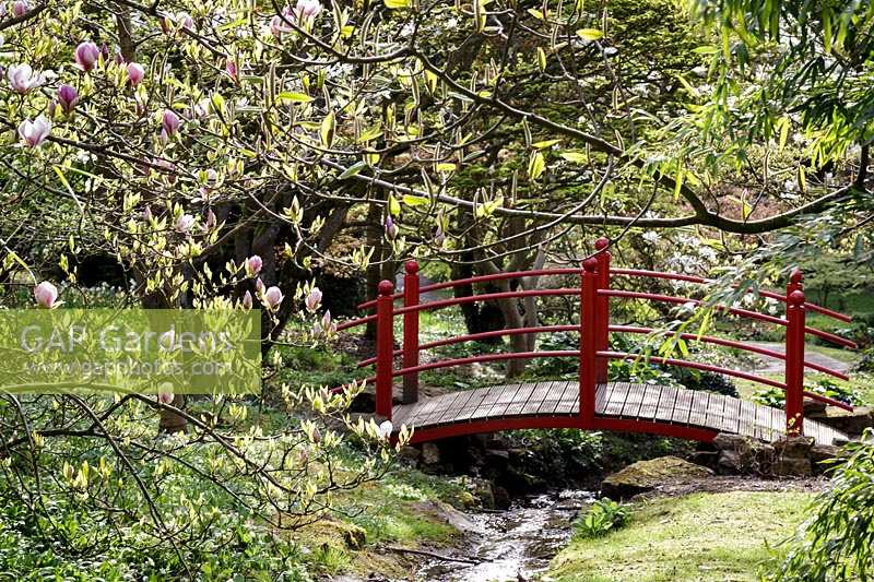 Red painted bridge over stream at Batsford Arboretum in Gloucestershire