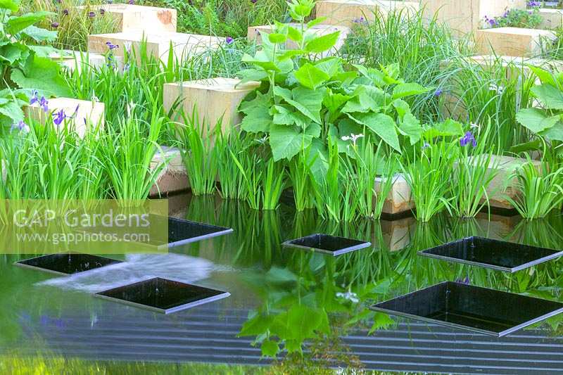 The Chelsea Flower Show 2005, London, UK. 'The Merrill Lynch Garden' ( Andy Sturgeon ) formal pond with geometric stepping stones