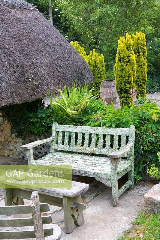 Caervallack, Cornwall, UK. ( McClary/Robinson ) Artists garden in summerlichen and moss covered bench