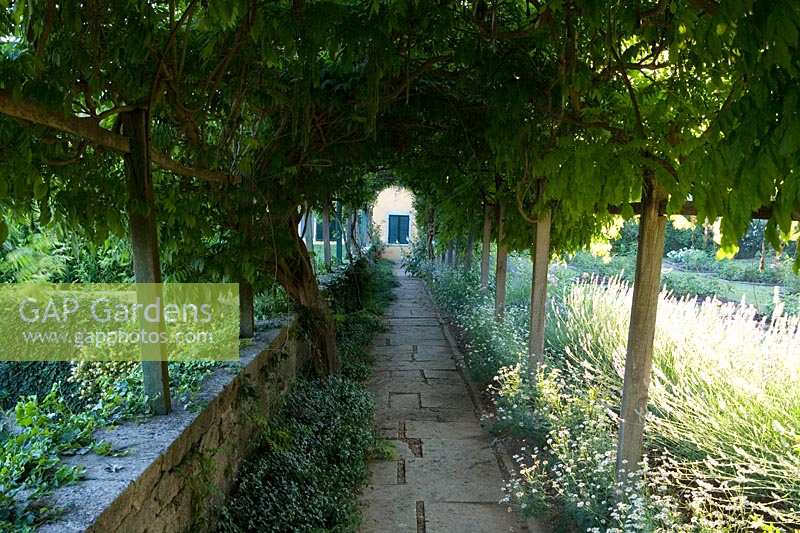 Villa La Foce, Tuscany, Italy. Large garden with topiary clipped Box hedging and views across the Tuscan countryside, long arbour or pergola