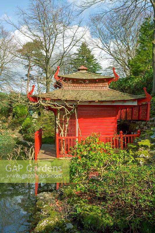 Compton Acres, Dorset, UK. Large wooded garden in eary spring, the Japanese garden