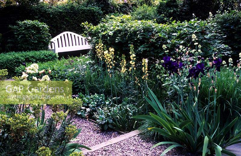private garden London design Chris Moss small contemporary minimal town garden flower borders either side of path white bench