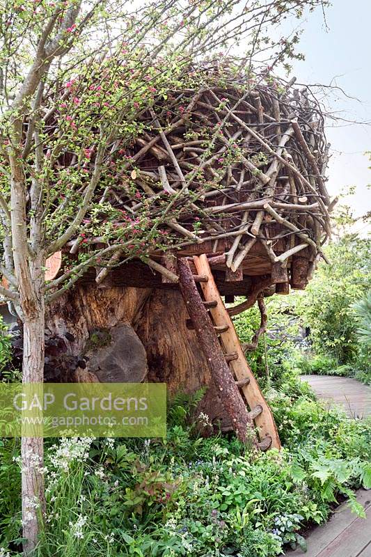 Tree house at The RHS Back to Nature Garden, Design: HRH The Duchess of Cambridge with Andree Davies and Adam White - Sponsor The RHS Chelsea Flower Show 2019