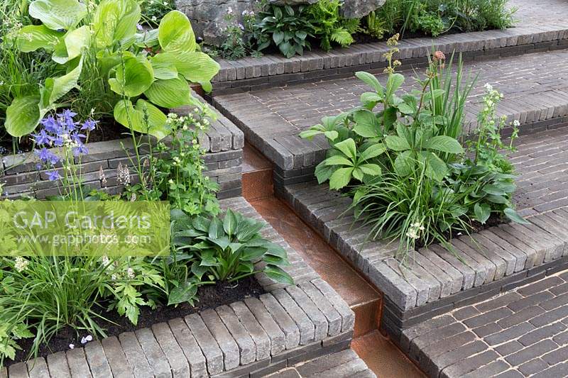 The Silent Pool Gin Garden, view of sunken garden with clay brick paving, hostas and shade loving plants – Designer: David Neale - Sponsor: Silent Pool Gin