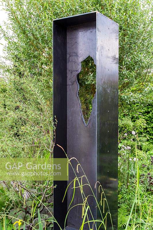 A metal sculpture in The Art of Viking Garden at Chelsea Flower Show 2019. Design: Paul Hervey-Brookes. Sponsor: Viking Cruises.