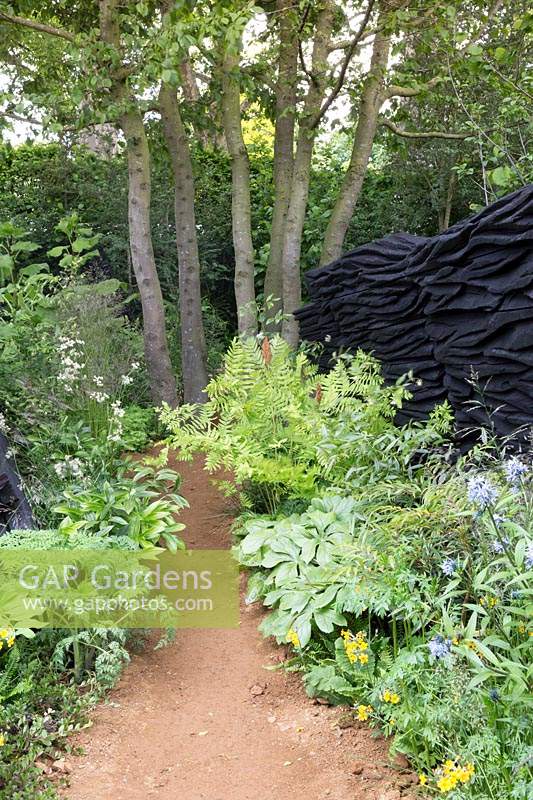 The M and G Garden, gravel path through green garden planted with shade loving plants, ferns, grasses in a woodland garden, charred oak sculpture by Johnny Woodford – Designer: Andy Sturgeon - Sponsor: M and G 