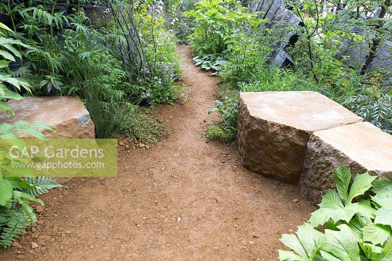 The M and G Garden, view of green planted woodland garden with shade loving plants, English ironstone stone seat, gravel path through woods, charred oak sculpture by Johnny Woodford – Designer: Andy Sturgeon - Sponsor: M and G Investments
