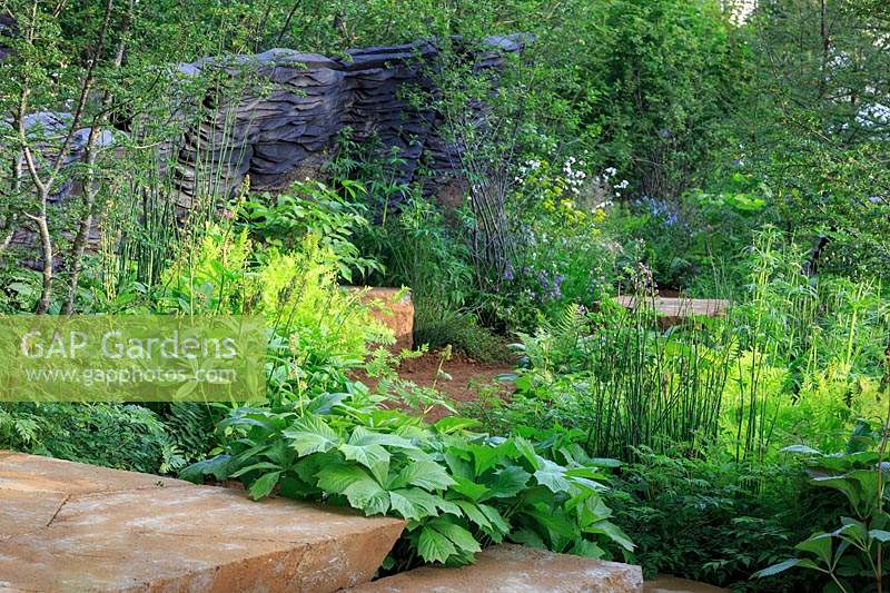 The M and G Garden Designer:  Andy Sturgeon  - Sponsor: M and G Investments Gold medal, Best in Show.
Overview of garden with green plantings and stone steps and charred wooden sculpture