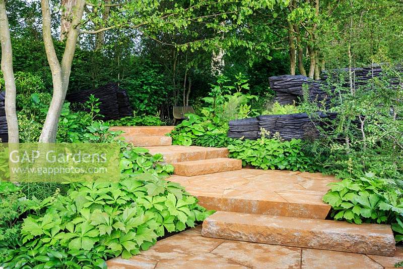 The M and G Garden Designer:  Andy Sturgeon  - Sponsor: M and G Investments Gold medal, Best in Show.
Mixed foliage planting and charred black wooden sculpture