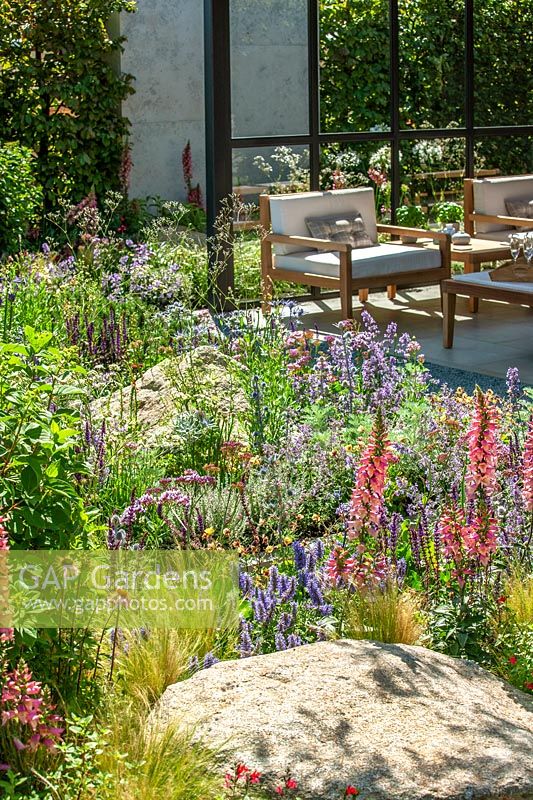 Terrace with colorful perennial planting