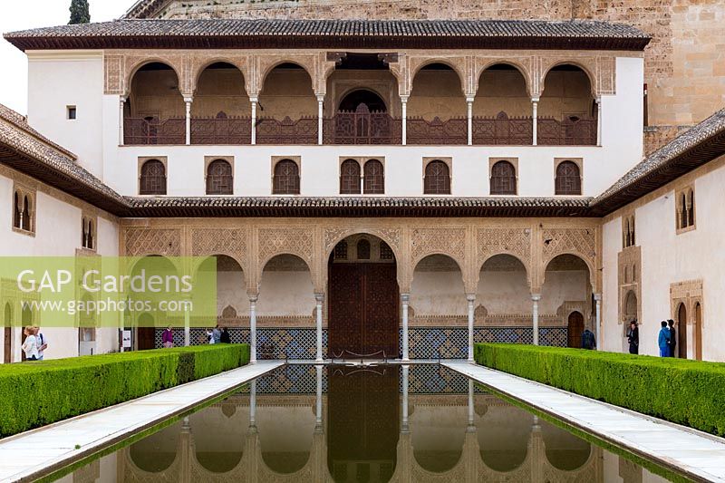 Patio de Arrayanes, Pool with reflections and myrtle hedges  - Myrtus communis, Palacios Nazaries  - Nasrid Palaces, the Alhambra, Granada.