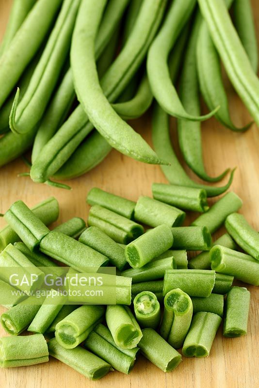 Phaseolus vulgaris 'Fasold' - climbing French beans, picked and prepared
  
