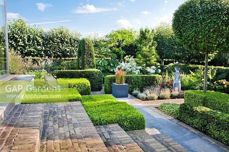 Clipped box hedges, topiary and a patio in a contemporary garden.
