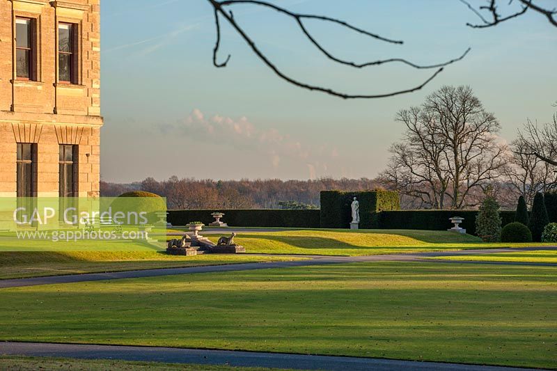 A view across the lawns at Brodsworth Hall, Yorkshire. 
