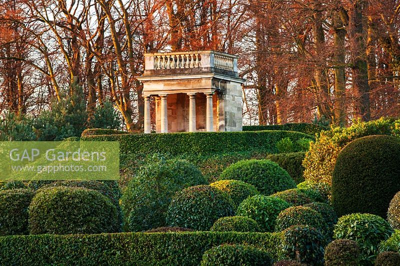 Italianate summerhouse and formal topiary gardens at Brodsworth Hall, Yorkshire.