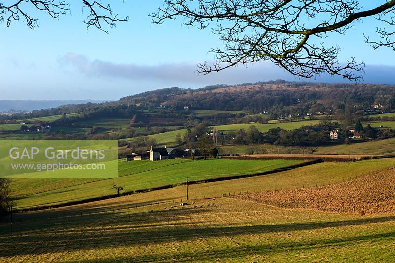 View of countryside over fields towards farm and woods