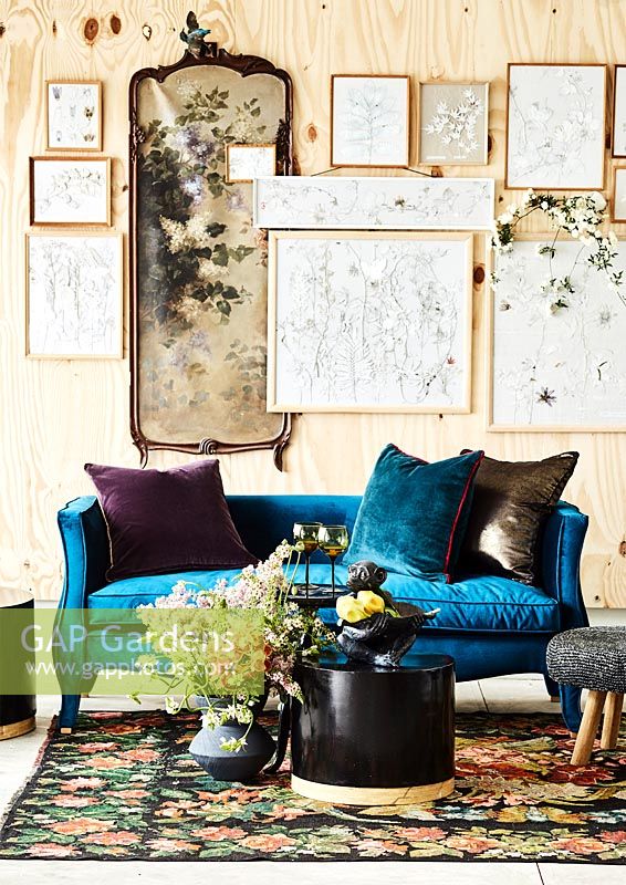 A wall of framed illustrations behind a blue sofa, table and fresh flowers. 