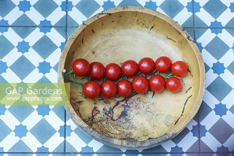 Solanum lycopersicum var. cerasiforme - cherry vine tomatoes - Piccolo - in hand carved wooden bowl on patterned tiles