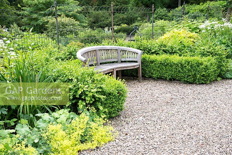 Gravel path, wooden bench and Buxus, Scotland