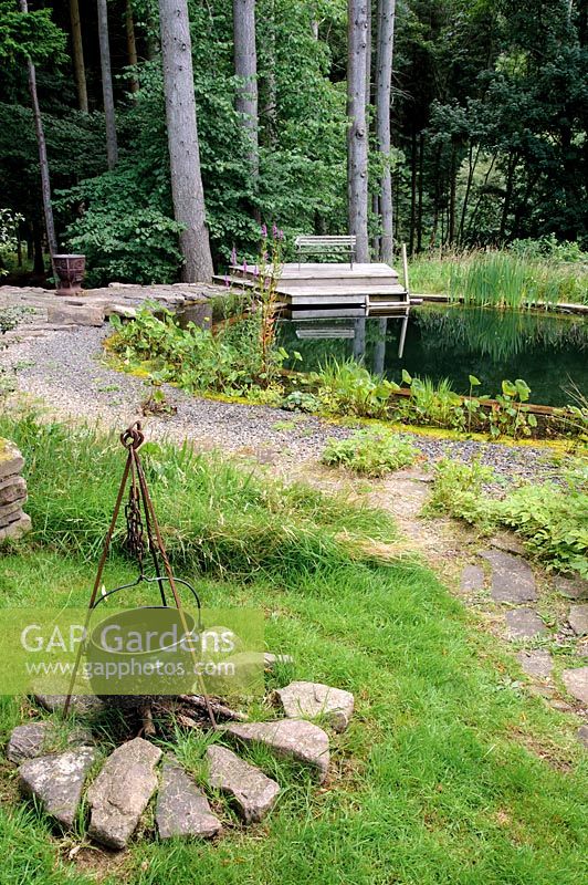 View of handmade fire pit nearby a natural swimming pool surrounded by tall forest trees.