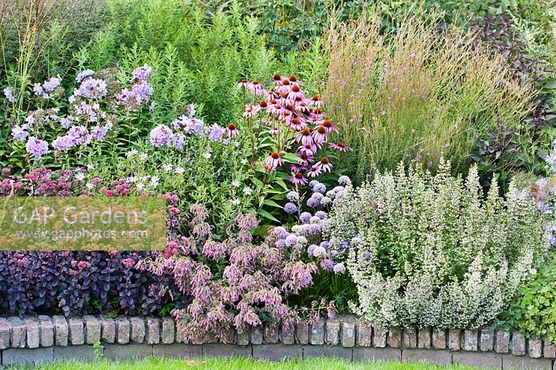 View of mixed summer flowering border. 
