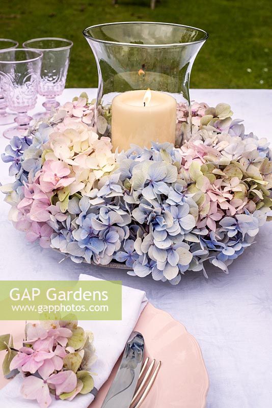 Hydrangea candle ring table decoration