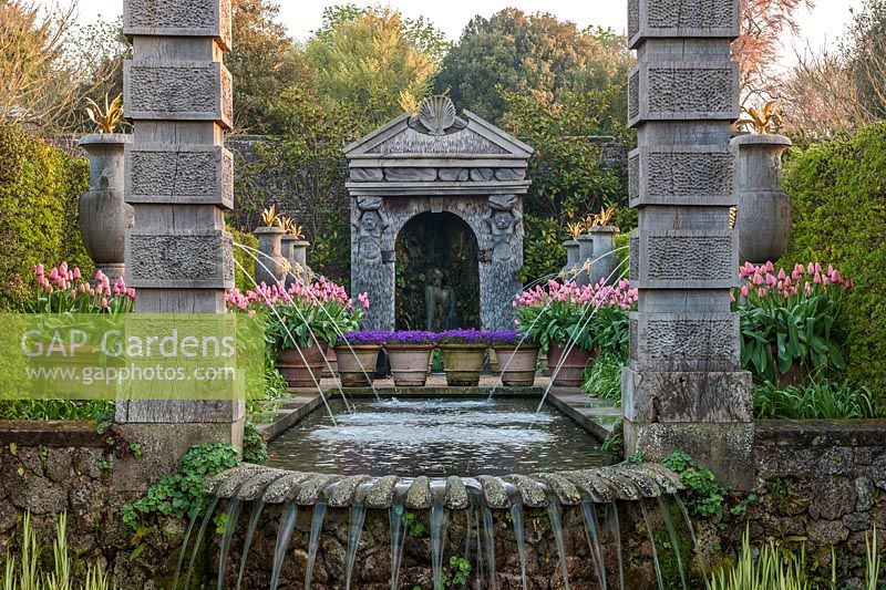 View of a classic stone water feature at Arundel Castle, Sussex, UK. 