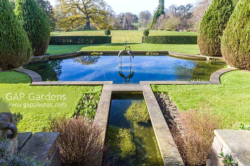 The Terrace and Lily Pond at Cholmondeley Castle, Cheshire, UK. 