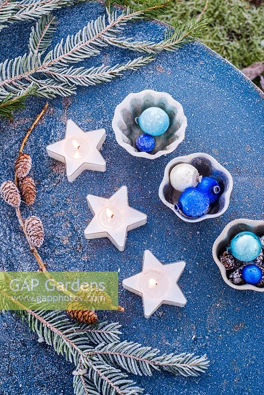 Frosted arrangement of cut conifers, cones, candles and pots of baubles on garden table
 