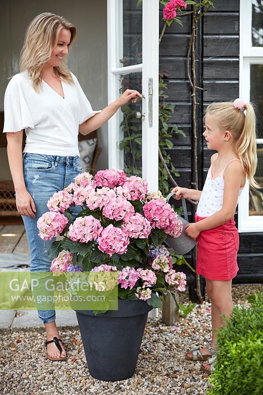 Girl and woman enjoying each other's company on patio whilst girl waters hydrangea in a pot