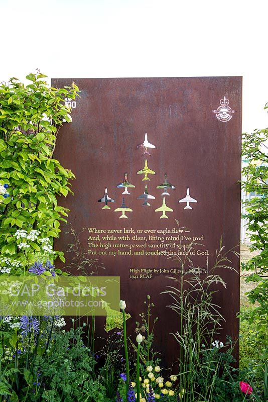 Weathered steel panels with incscriptions by a wartime Spitfire pilot - 'Memories of Service' supporting the RAF 100 Appeal, RHS Malvern Spring Festival, 2018. 