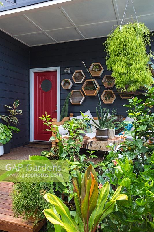 A lush tropical front garden and verandah featuring decorative wall mounted recycled timber planter boxes.