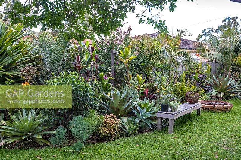 Lush, layered garden garden border incorporating plants with colourful foliage, shapes and textures. 
