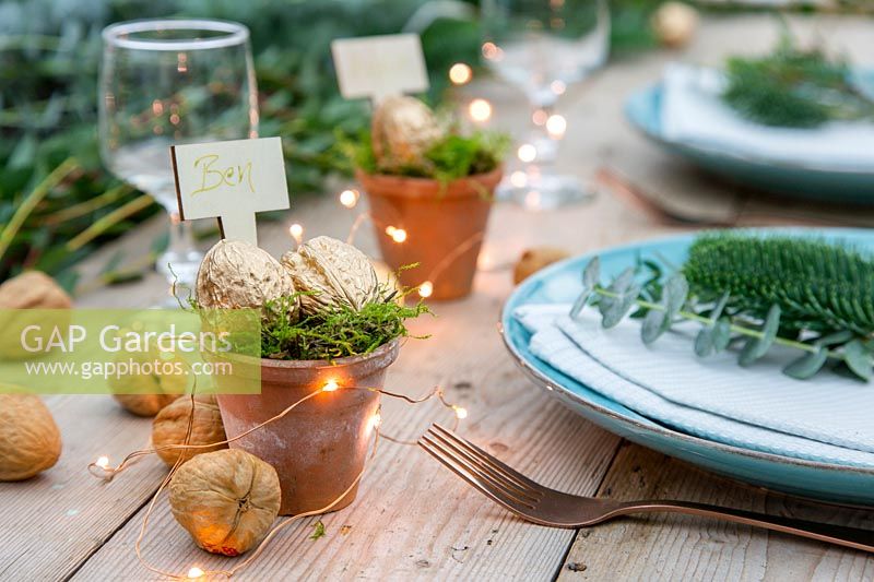 Terracotta name holder and LED fairy lights in rustic table setting. 