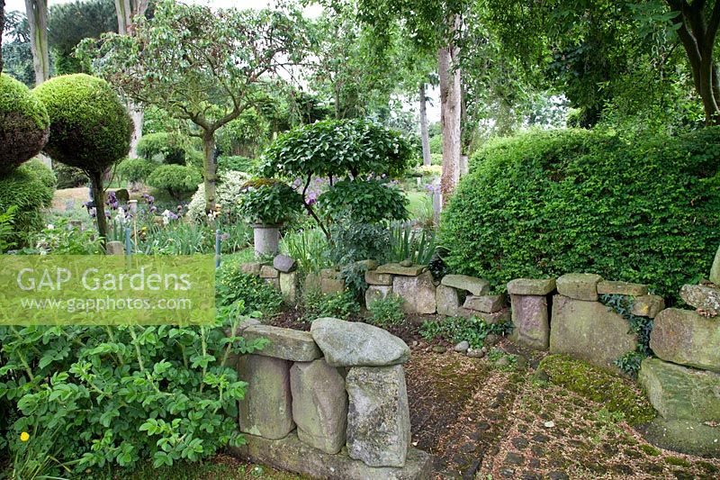 stone walls at Pure Land Japanese Meditation Garden, Newark, UK.