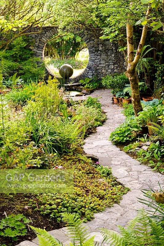 Stone path with borders of hostas and ferns and Moon Window. Fanore, Ireland