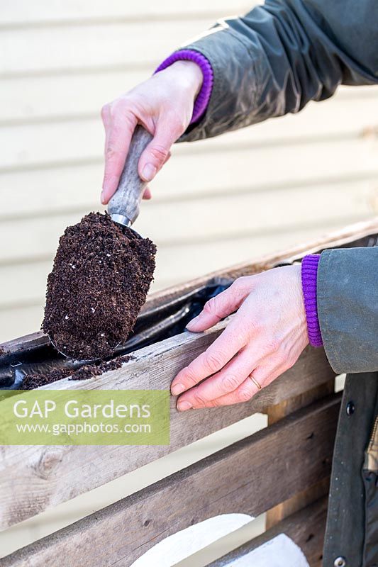 Woman adding compost to the planting area created in top of pallet