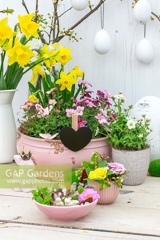 Easter arrangement with heart shaped sign and decorations