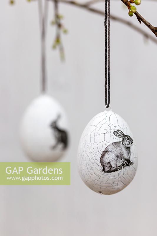 Hanging Easter eggs with printed rabbit embellishment.  