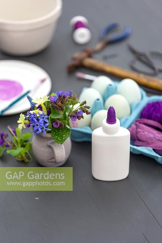Materials and tools for  decorating real eggs with flowers